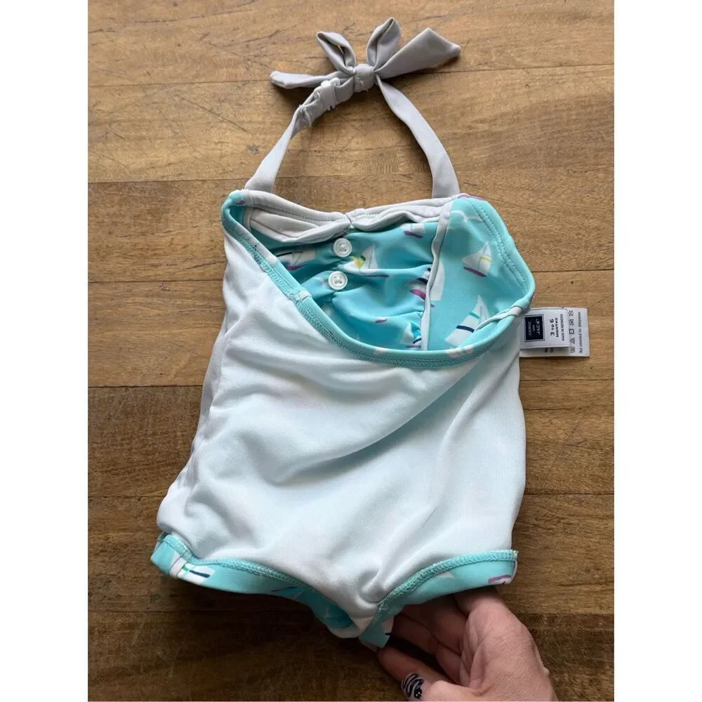 NWOT Janie And Jack Retro Sailboat Sailor One Piece Swimsuit Baby Girl 3-6 Month